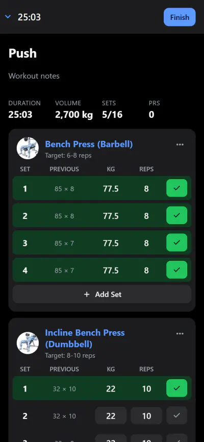 GymSlate workout screen with sets ticked off