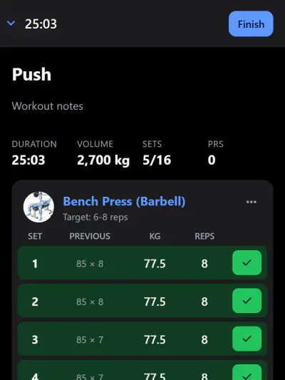 Live workout screen with sets ticked off