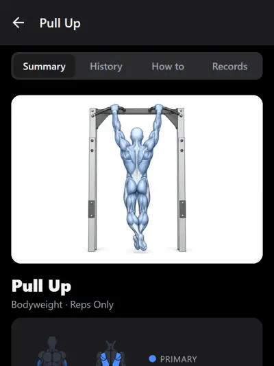 Exercise page with a blue muscle figure
